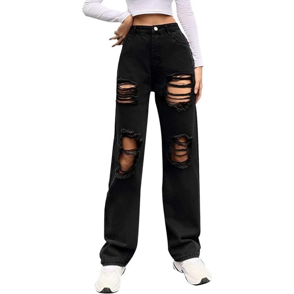 Genleck Women Loose Ripped Boyfriends Jeans High Waist, Large